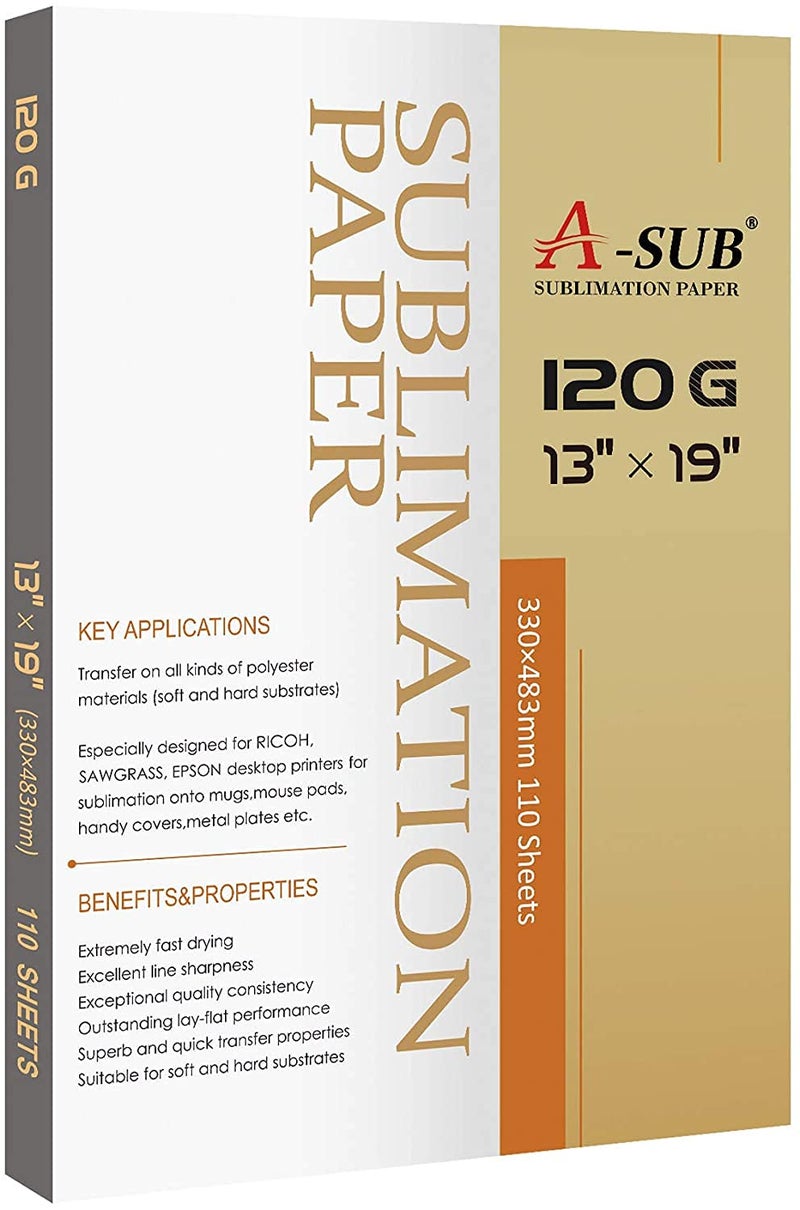 A-SUB Sublimation Paper 13x19 Inch 120GSM, 110 Sheets - Compatible with Inkjet Printers & Sublimation Inks, High Transfer Efficiency for T-Shirts, Mugs, Crafts - Image 1